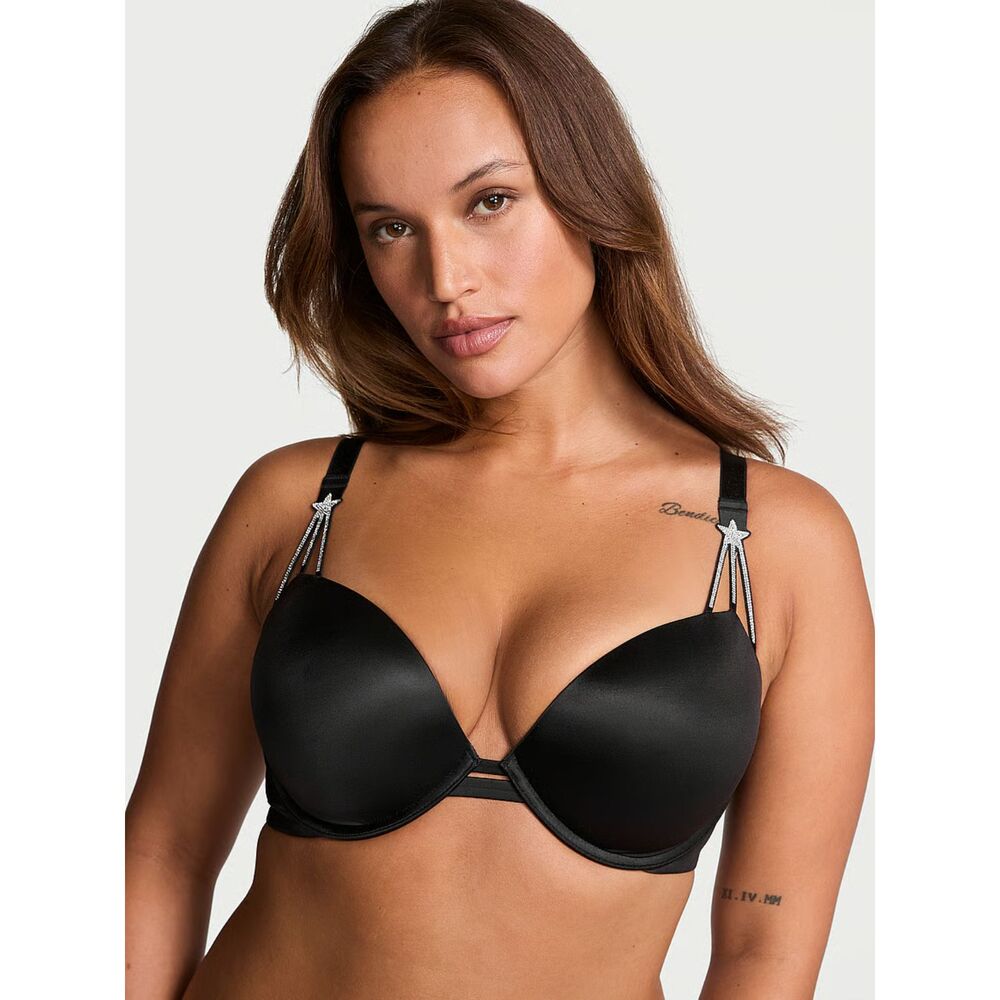 NWT VICTORIA'S SECRET Black Very Sexy Starstruck Shine Strap Push Up Bra Sz 36DD